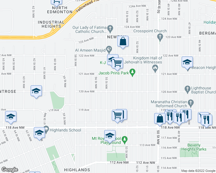 map of restaurants, bars, coffee shops, grocery stores, and more near 12011 55 Street Northwest in Edmonton