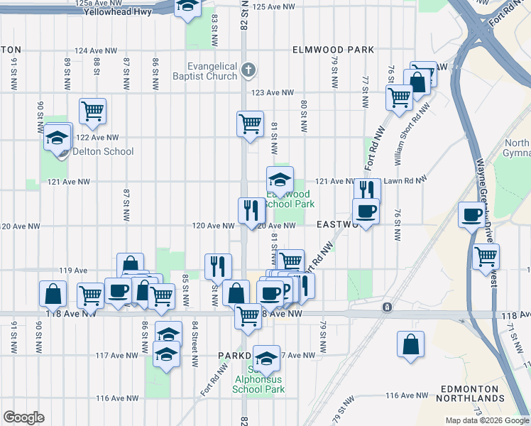 map of restaurants, bars, coffee shops, grocery stores, and more near 12014 81 Street Northwest in Edmonton