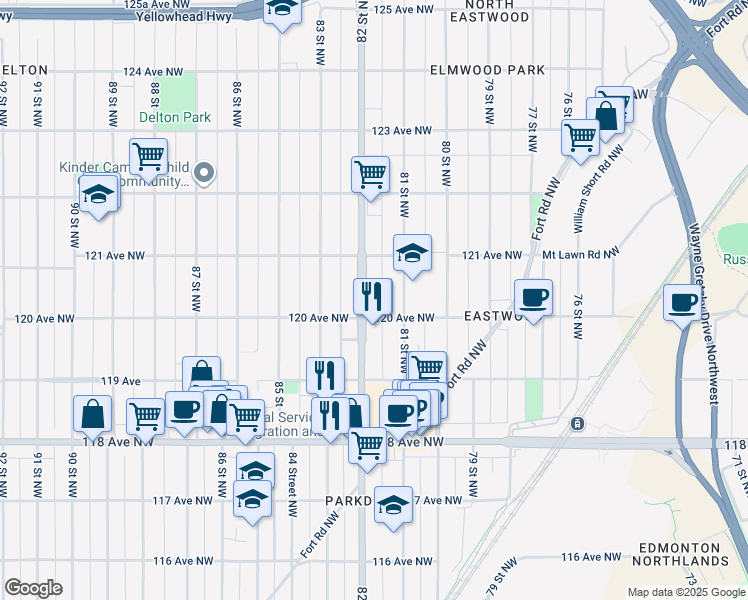 map of restaurants, bars, coffee shops, grocery stores, and more near 12014 82 Street Northwest in Edmonton
