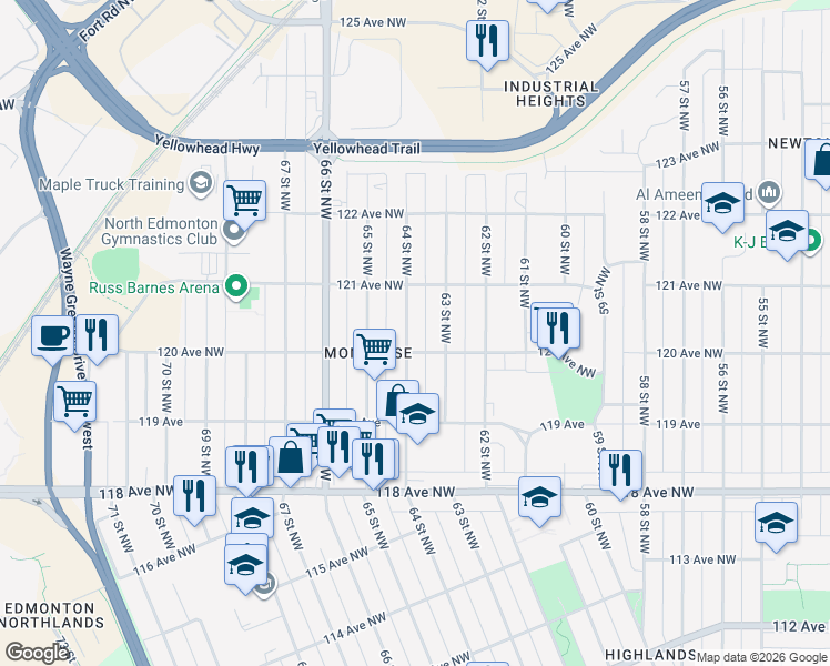 map of restaurants, bars, coffee shops, grocery stores, and more near 12009 64 Street Northwest in Edmonton