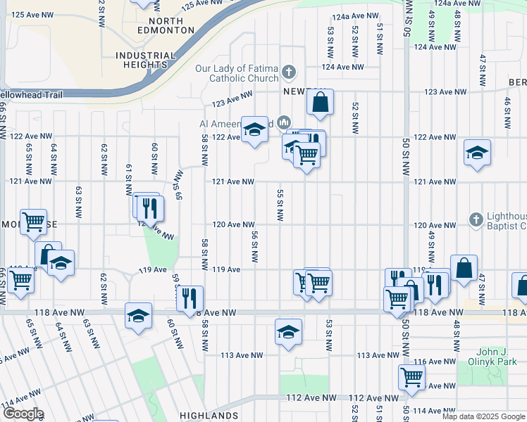 map of restaurants, bars, coffee shops, grocery stores, and more near 12015 56 Street Northwest in Edmonton