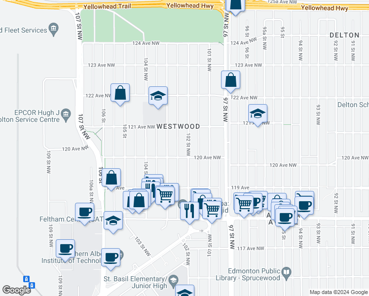 map of restaurants, bars, coffee shops, grocery stores, and more near 12016 102 Street Northwest in Edmonton