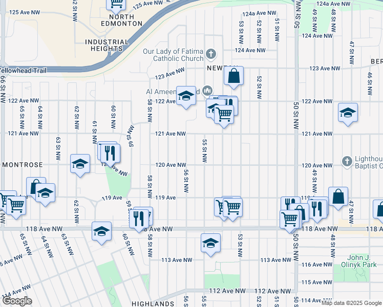 map of restaurants, bars, coffee shops, grocery stores, and more near 12015 56 Street Northwest in Edmonton