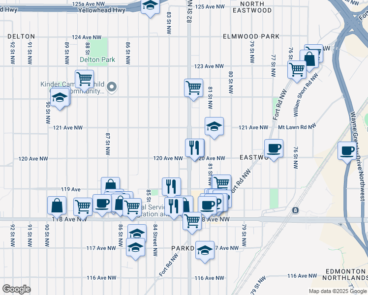 map of restaurants, bars, coffee shops, grocery stores, and more near 12014 82 Street Northwest in Edmonton