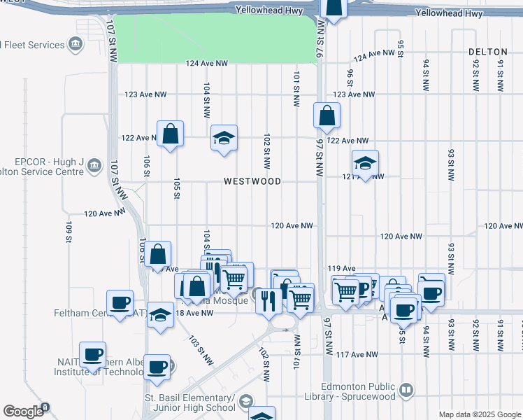 map of restaurants, bars, coffee shops, grocery stores, and more near 12016 102 Street Northwest in Edmonton