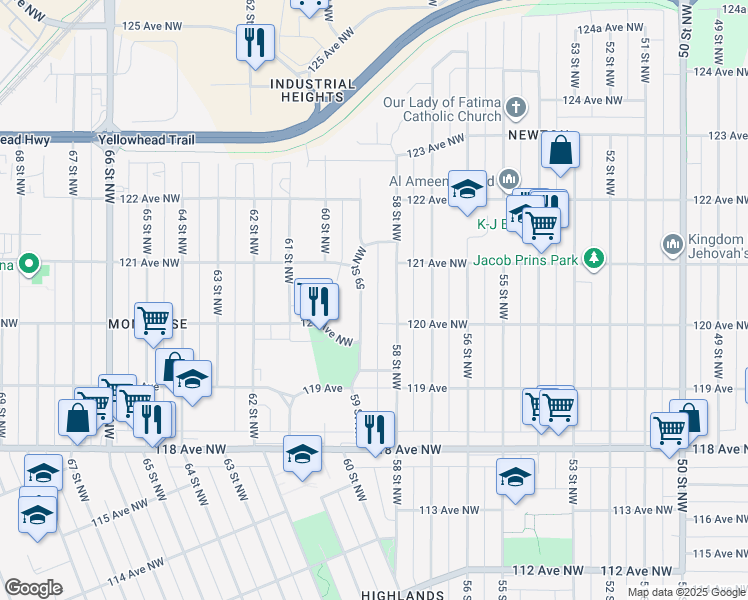 map of restaurants, bars, coffee shops, grocery stores, and more near 12027 59 Street Northwest in Edmonton