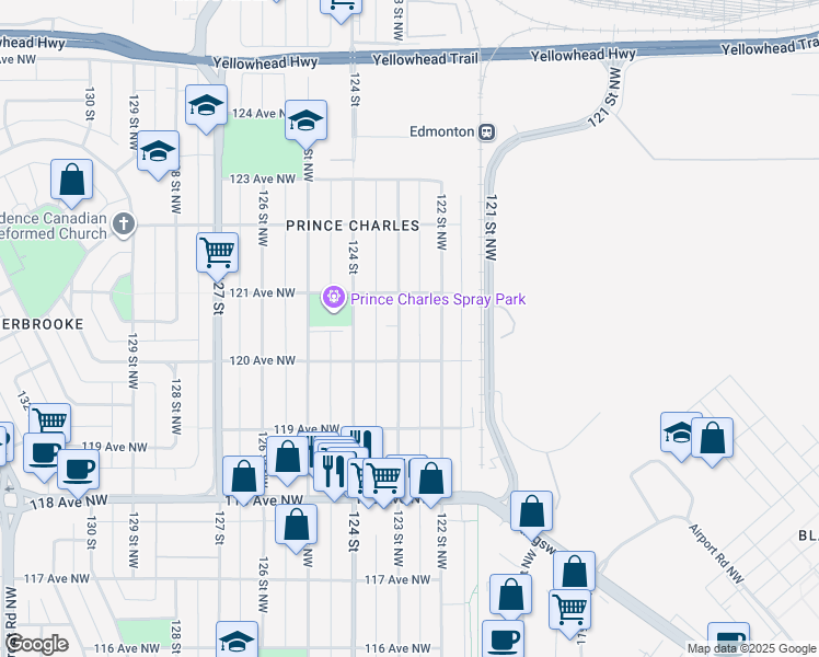map of restaurants, bars, coffee shops, grocery stores, and more near 12021 123 Street Northwest in Edmonton