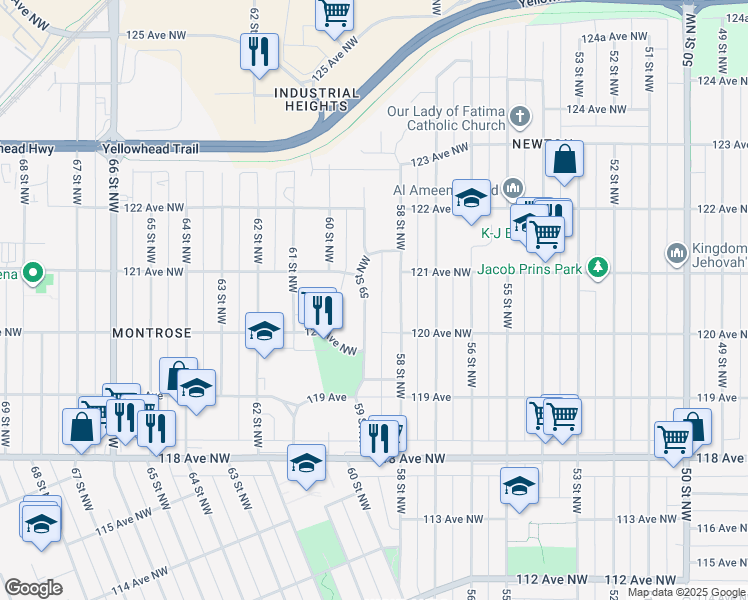 map of restaurants, bars, coffee shops, grocery stores, and more near 12027 59 Street Northwest in Edmonton