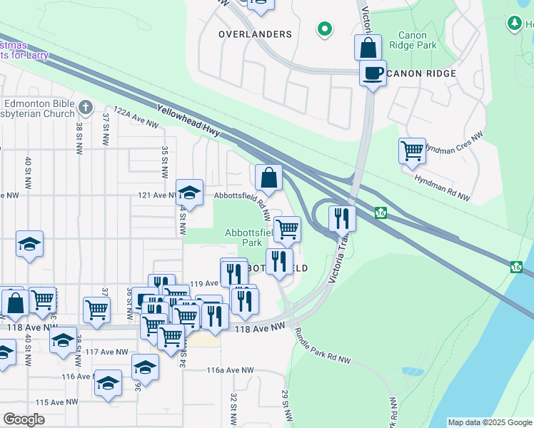 map of restaurants, bars, coffee shops, grocery stores, and more near 470 Abbottsfield Road Northwest in Edmonton