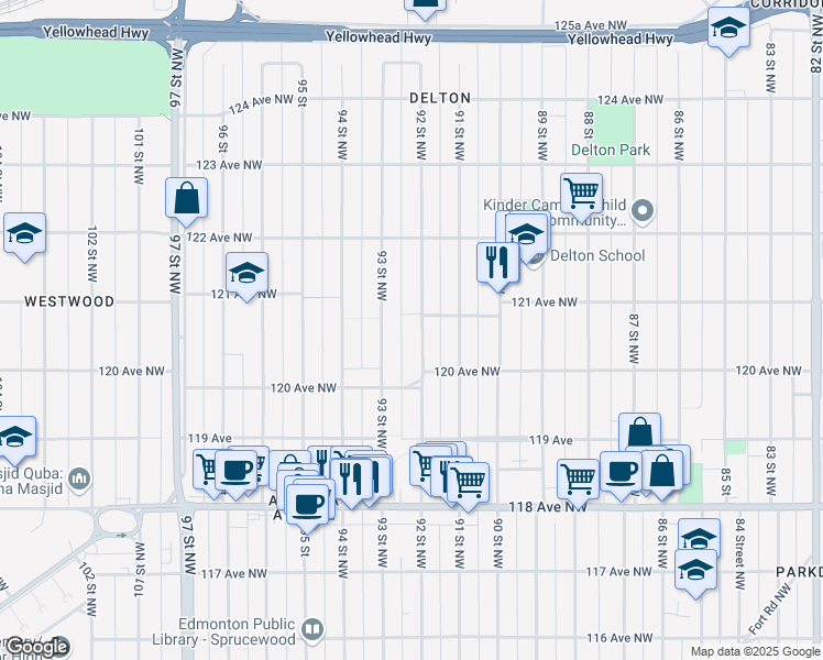 map of restaurants, bars, coffee shops, grocery stores, and more near in Edmonton