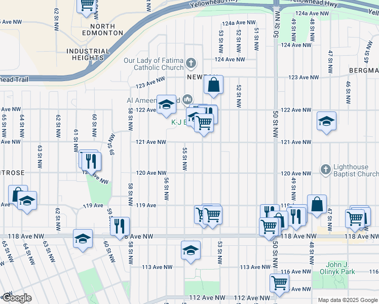 map of restaurants, bars, coffee shops, grocery stores, and more near 12011 55 Street Northwest in Edmonton