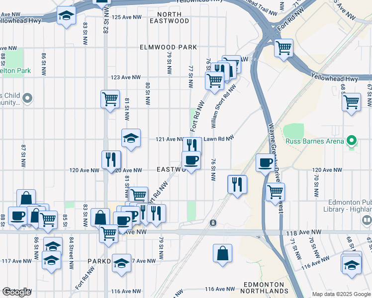 map of restaurants, bars, coffee shops, grocery stores, and more near 12044 Fort Road Northwest in Edmonton