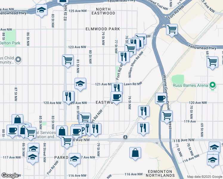 map of restaurants, bars, coffee shops, grocery stores, and more near 12010 77 Street Northwest in Edmonton