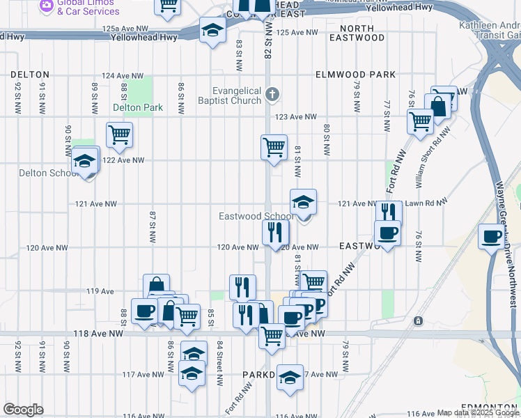 map of restaurants, bars, coffee shops, grocery stores, and more near 8207 121 Avenue Northwest in Edmonton