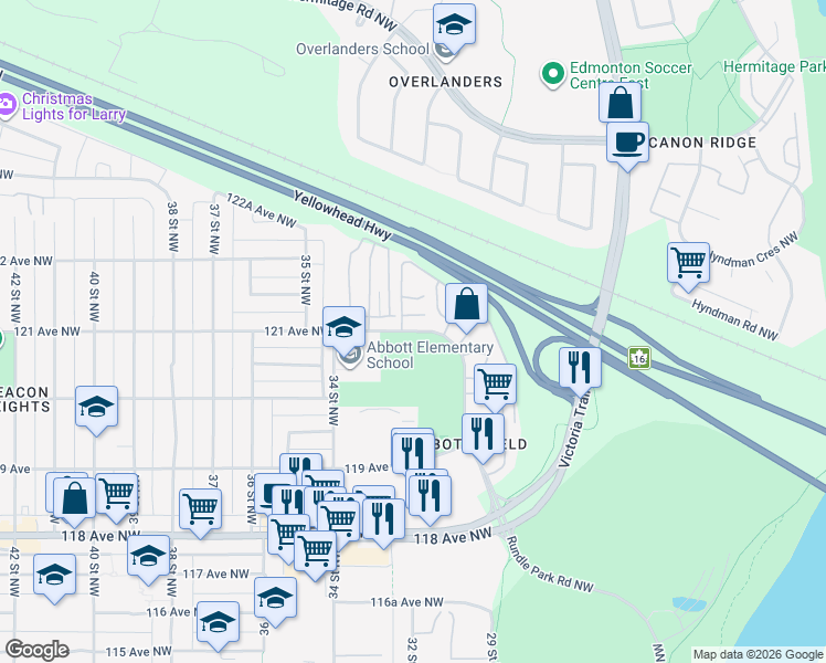 map of restaurants, bars, coffee shops, grocery stores, and more near 459 Abbottsfield Road Northwest in Edmonton