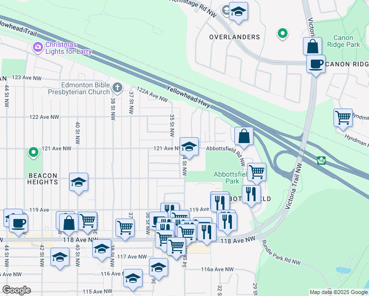 map of restaurants, bars, coffee shops, grocery stores, and more near 121 Avenue Northwest & Abbottsfield Road Northwest & 34 Street Northwest in Edmonton