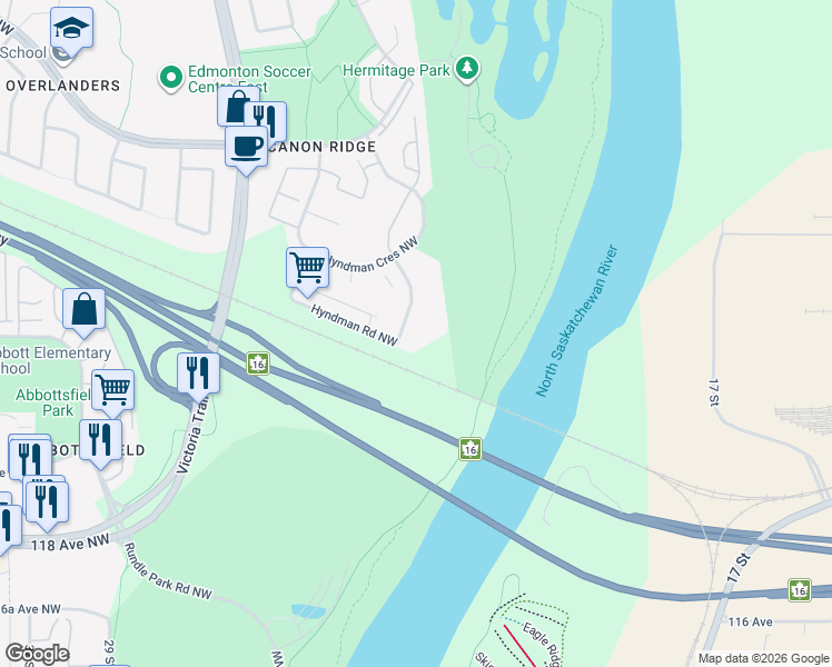 map of restaurants, bars, coffee shops, grocery stores, and more near 1231 Hyndman Road Northwest in Edmonton