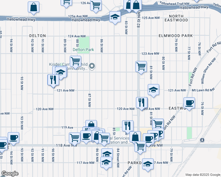 map of restaurants, bars, coffee shops, grocery stores, and more near 12105 86 Street Northwest in Edmonton
