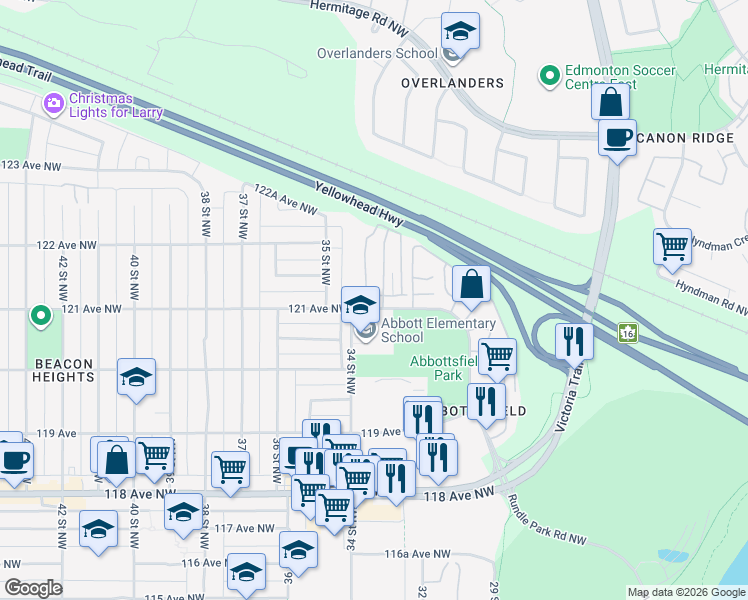 map of restaurants, bars, coffee shops, grocery stores, and more near 859 Abbottsfield Road Northwest in Edmonton