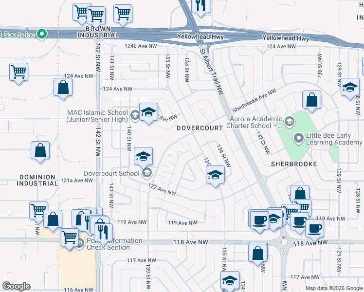 map of restaurants, bars, coffee shops, grocery stores, and more near 12359 Dovercourt Avenue Northwest in Edmonton