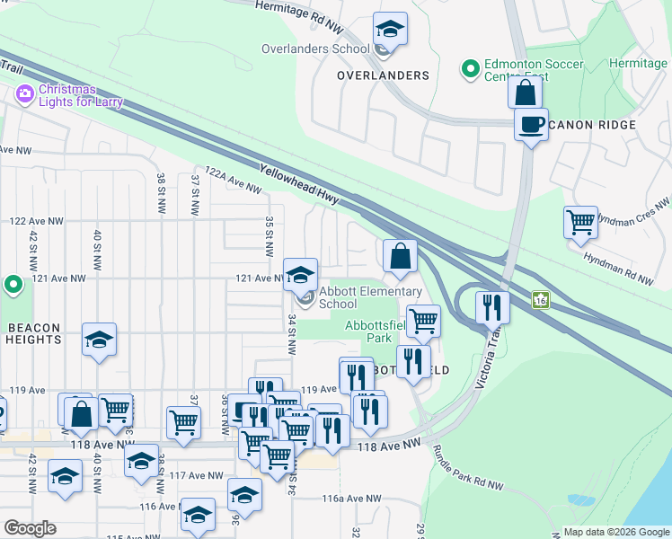 map of restaurants, bars, coffee shops, grocery stores, and more near 598 Abbottsfield Road Northwest in Edmonton
