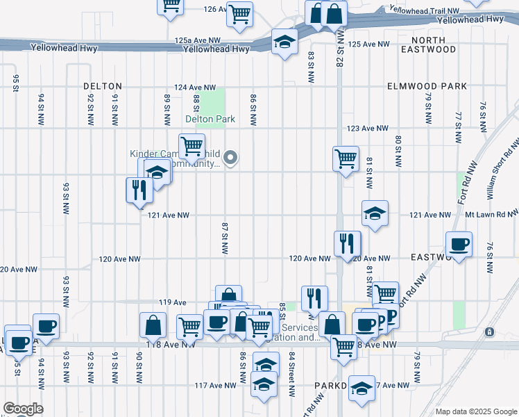 map of restaurants, bars, coffee shops, grocery stores, and more near 12105 86 Street Northwest in Edmonton