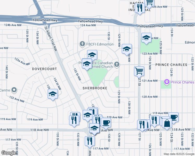 map of restaurants, bars, coffee shops, grocery stores, and more near 13008 122 Avenue Northwest in Edmonton