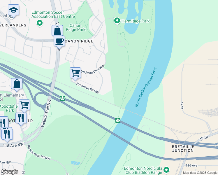 map of restaurants, bars, coffee shops, grocery stores, and more near 1188 Hyndman Road Northwest in Edmonton
