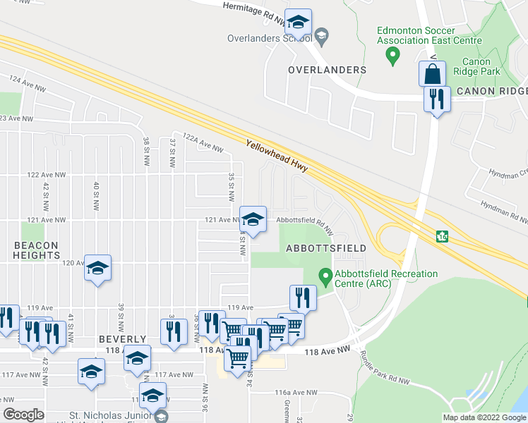 map of restaurants, bars, coffee shops, grocery stores, and more near 859 Abbottsfield Road Northwest in Edmonton