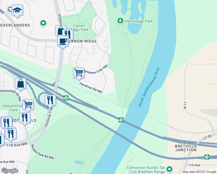 map of restaurants, bars, coffee shops, grocery stores, and more near 1180 Hyndman Road Northwest in Edmonton
