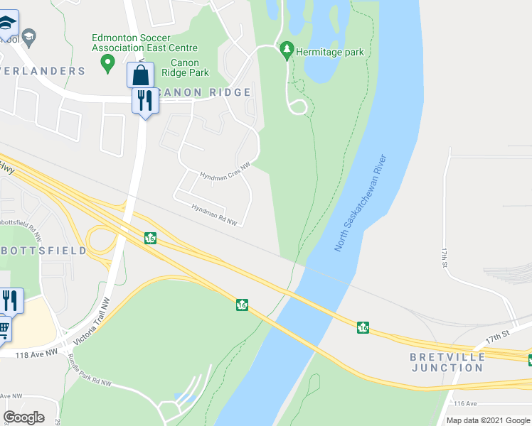 map of restaurants, bars, coffee shops, grocery stores, and more near 1188 Hyndman Road Northwest in Edmonton