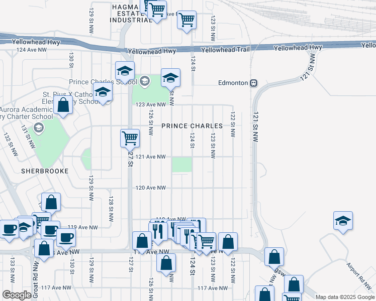 map of restaurants, bars, coffee shops, grocery stores, and more near 12106 124 Street in Edmonton