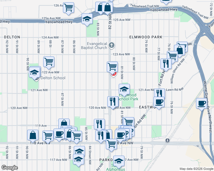 map of restaurants, bars, coffee shops, grocery stores, and more near 12108 82 Street Northwest in Edmonton