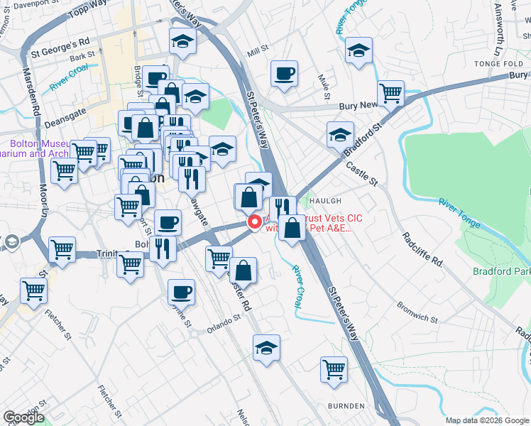 map of restaurants, bars, coffee shops, grocery stores, and more near River Street in Greater Manchester