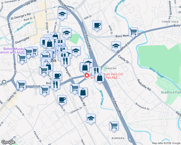 map of restaurants, bars, coffee shops, grocery stores, and more near River Street in Greater Manchester