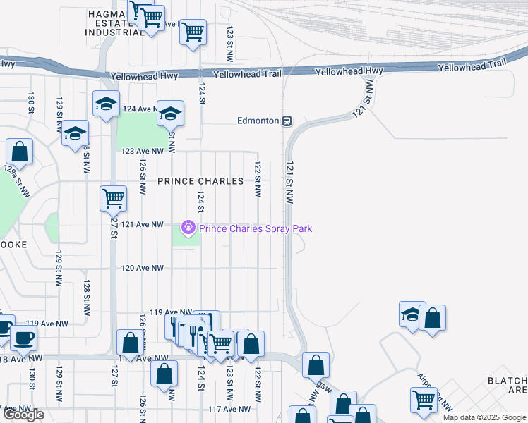map of restaurants, bars, coffee shops, grocery stores, and more near 12107 122 Street Northwest in Edmonton