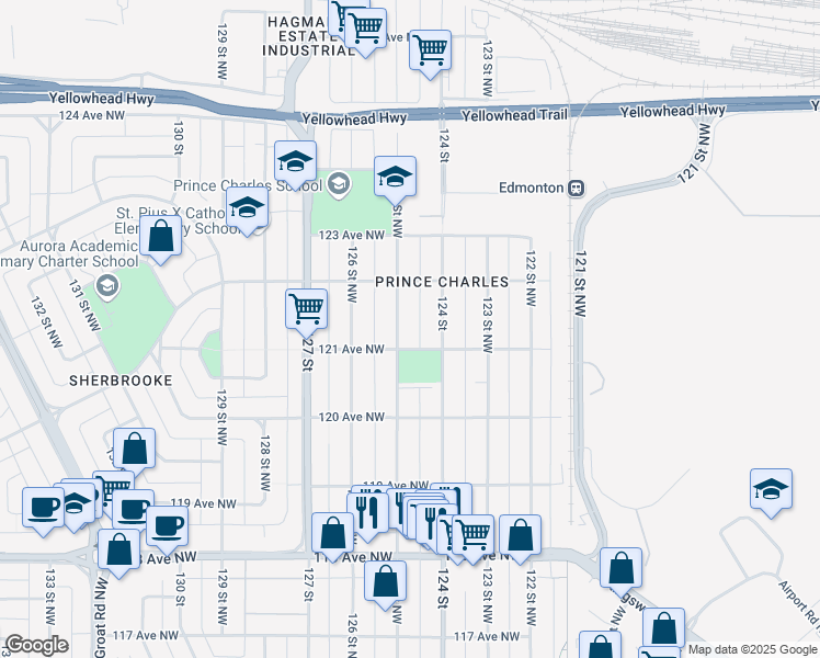 map of restaurants, bars, coffee shops, grocery stores, and more near 12106 124 Street in Edmonton