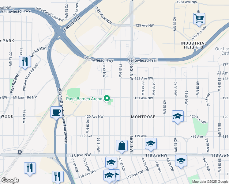 map of restaurants, bars, coffee shops, grocery stores, and more near 12108 67 Street Northwest in Edmonton
