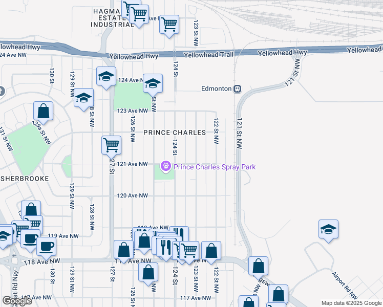 map of restaurants, bars, coffee shops, grocery stores, and more near 12112 123 Street Northwest in Edmonton