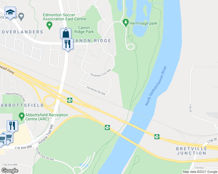 map of restaurants, bars, coffee shops, grocery stores, and more near 1231 Hyndman Road Northwest in Edmonton