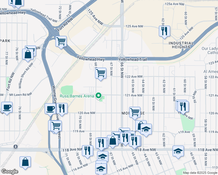 map of restaurants, bars, coffee shops, grocery stores, and more near 12108 67 Street Northwest in Edmonton
