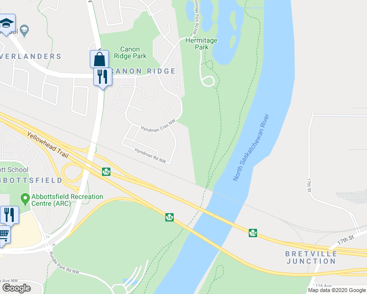 map of restaurants, bars, coffee shops, grocery stores, and more near 1188 Hyndman Road Northwest in Edmonton