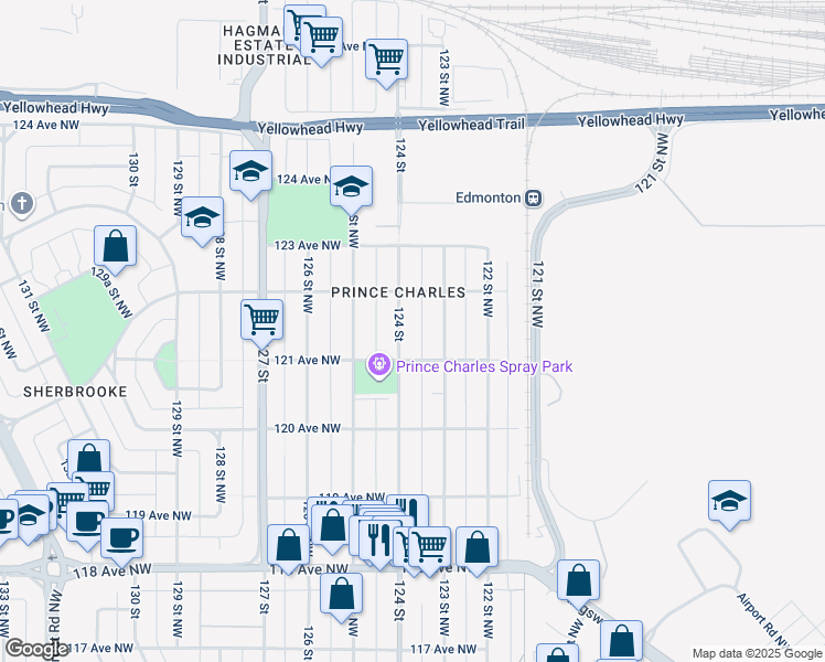 map of restaurants, bars, coffee shops, grocery stores, and more near 12112 123 Street Northwest in Edmonton