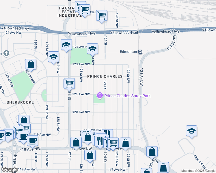 map of restaurants, bars, coffee shops, grocery stores, and more near 12112 123 Street Northwest in Edmonton