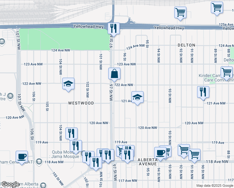 map of restaurants, bars, coffee shops, grocery stores, and more near 12107 97 Street Northwest in Edmonton