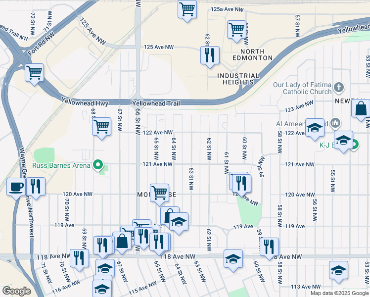map of restaurants, bars, coffee shops, grocery stores, and more near 12126 63 Street Northwest in Edmonton