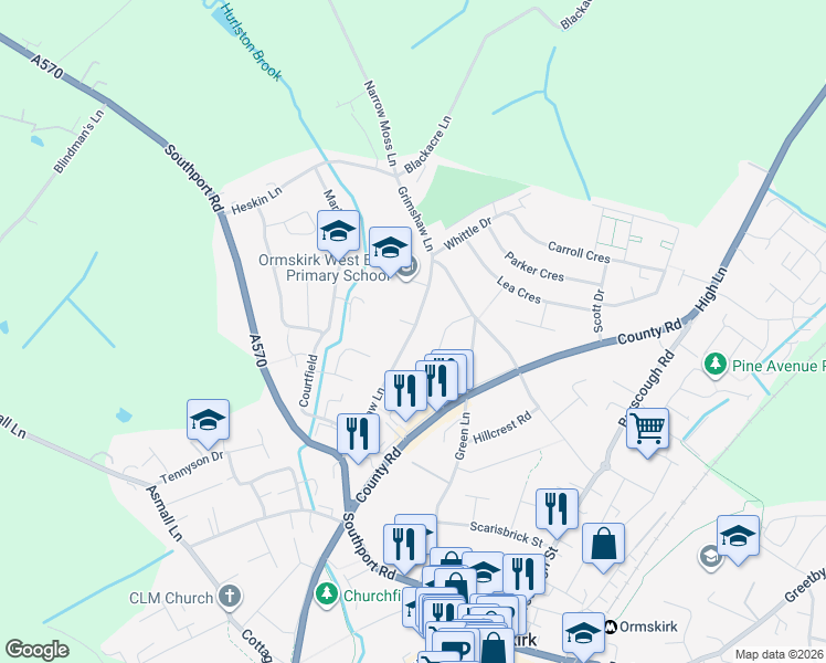 map of restaurants, bars, coffee shops, grocery stores, and more near Grimshaw Lane in Ormskirk