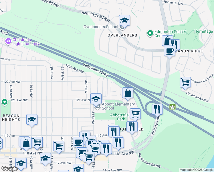 map of restaurants, bars, coffee shops, grocery stores, and more near 720 Abbottsfield Road Northwest in Edmonton
