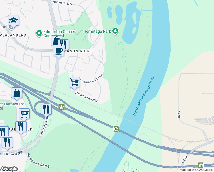 map of restaurants, bars, coffee shops, grocery stores, and more near 1196 Hyndman Road Northwest in Edmonton