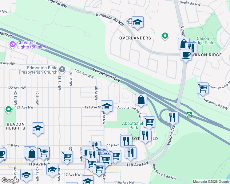 map of restaurants, bars, coffee shops, grocery stores, and more near 720 Abbottsfield Road Northwest in Edmonton